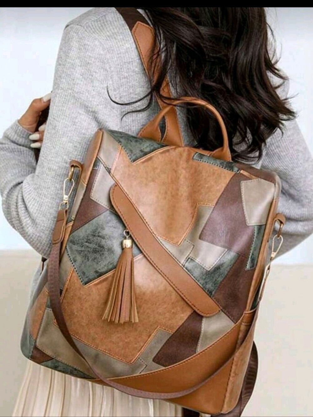 Patchwork Brown Multi-Color Leather Backpack Satchel